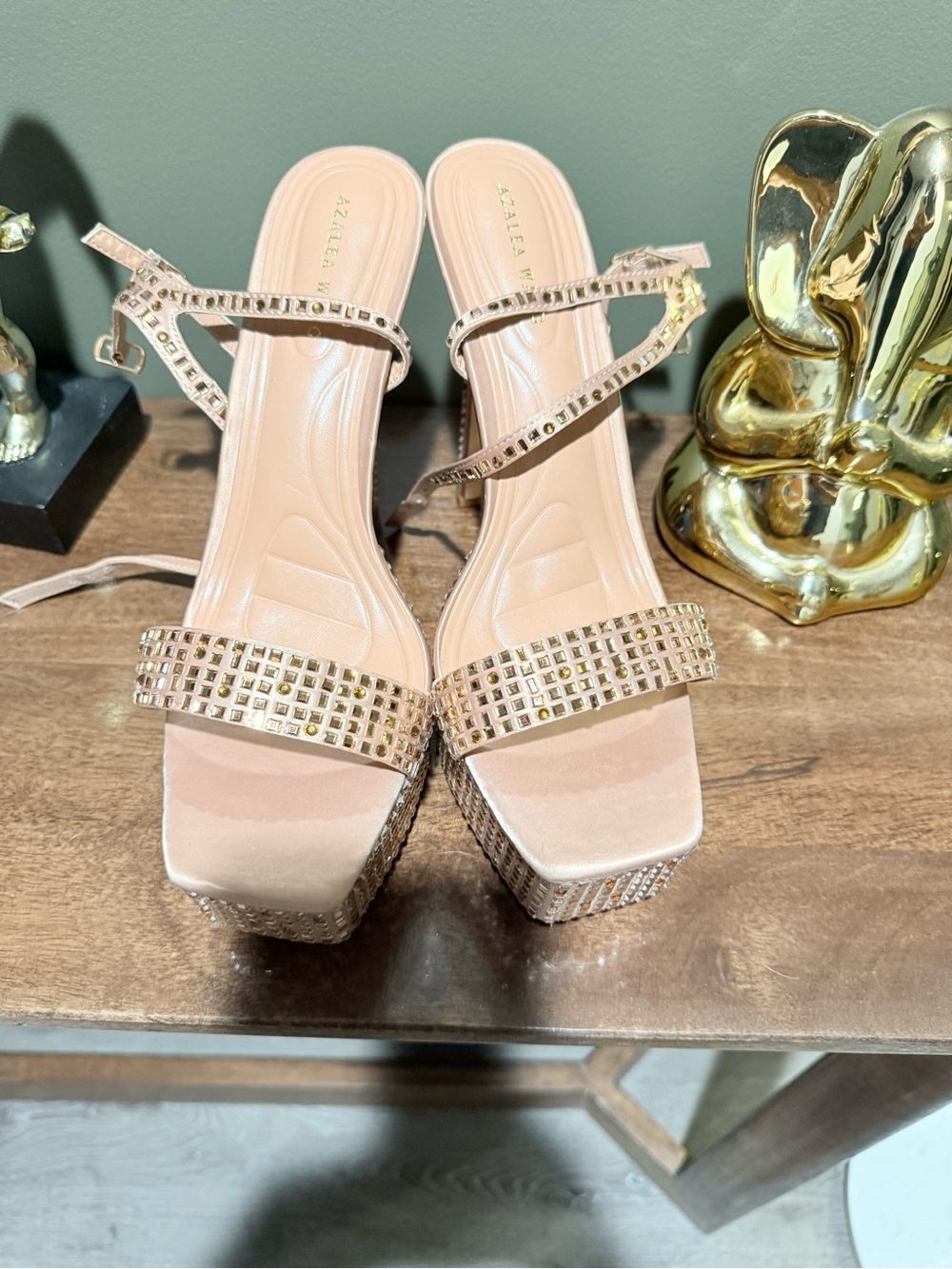 Nude Rhinestone Embellished Platform Sandal with Ankle Strap